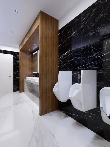 Moderní Veřejná Toaleta Moderním Stylu Dřevěnou Výklenek Černé Mramorové Zdi — Stock fotografie