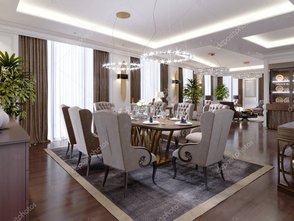 A modern, classic-style hotel room with a lounge and dining area and designer furniture. 3d rendering