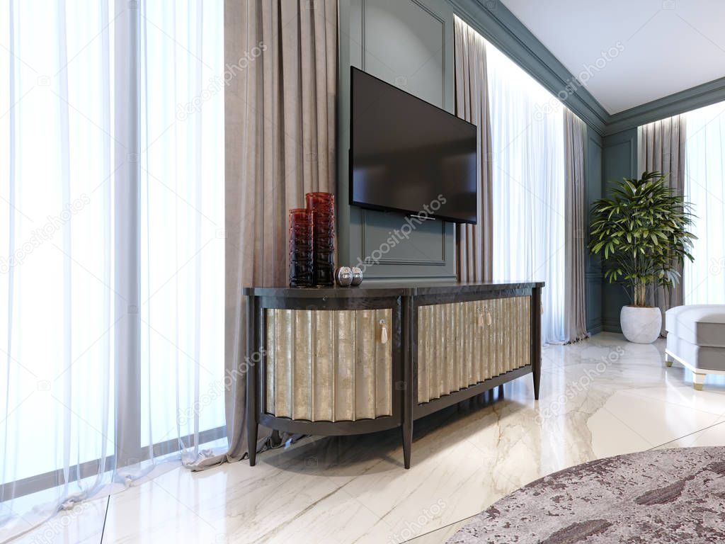 Sideboard with a TV against the wall in a modern classic style. 3d rendering