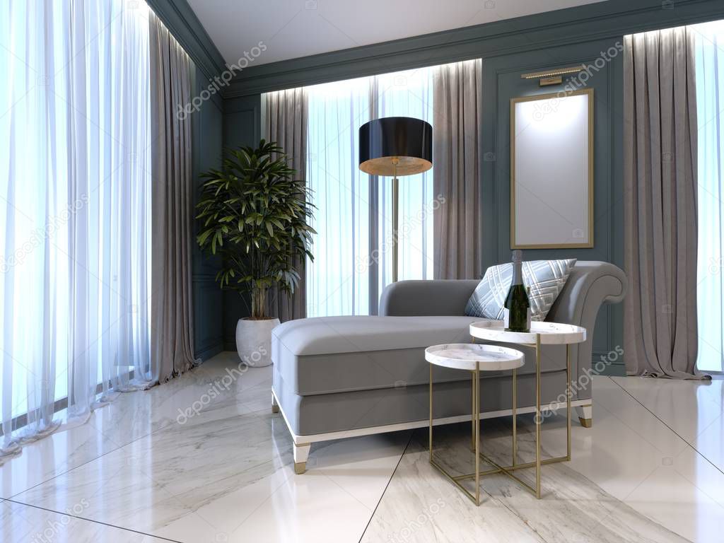 Classic banquette with a floor lamp and a low table in the bedroom. 3D rendering.