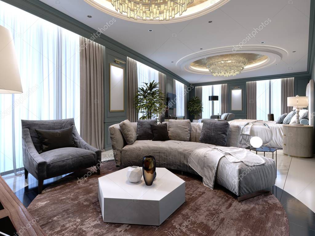 Luxury presidential suite with a bedroom and a large bed and a living room with a sofa and a TV stand. 3d rendering