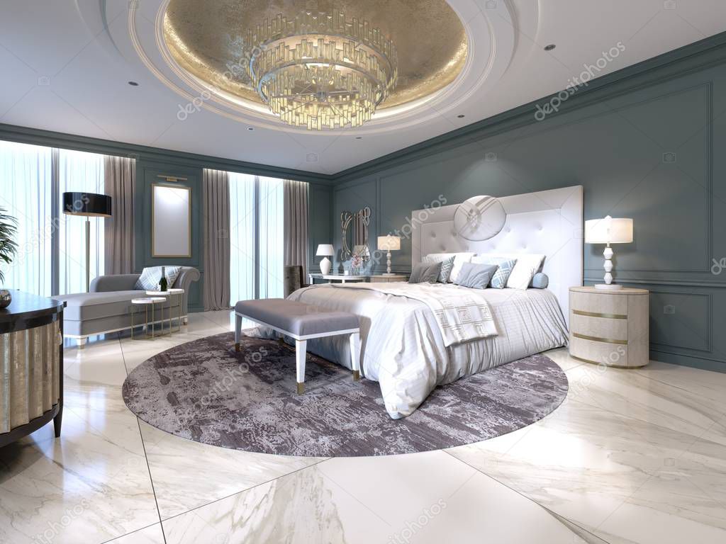 The modern design of the bedroom with a large white bed and a stool with a dressing table nearby. dark walls light furniture, white marble floor. 3d rendering.