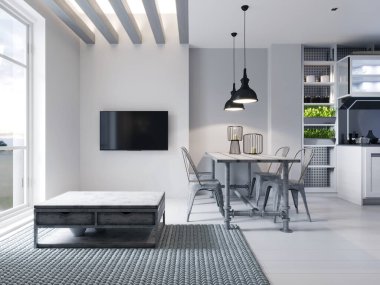 Çatı katı tarzı beyaz bir mutfağı olan stüdyo dairesi olan modern bir alan. Tasarımcı yemek masası, modern mutfak ve kanepe. 3B görüntüleme.