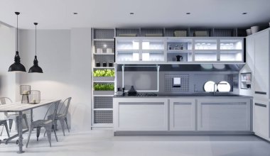 Modern teknolojik mobilyalarla modern tasarımlı beyaz köşeli mutfak. 3B görüntüleme.