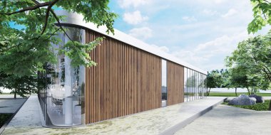 Modern bir tek katlı ofis binası, cam cepheli ve ahşap tahtaları var. 3B görüntüleme.