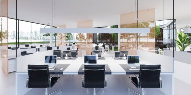 Geniş bir ışık ve çalışma masaları ve cam bölmeleri olan aydınlık bir ofis. 3B görüntüleme.