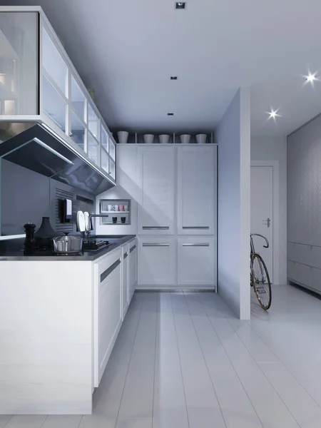 White corner kitchen in contemporary design with modern technological furniture. 3D rendering.
