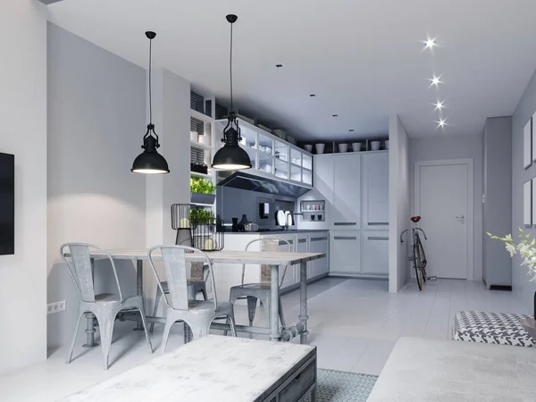 Kitchen with a white dining table in Scandinavian style and loft elements. 3D rendering.