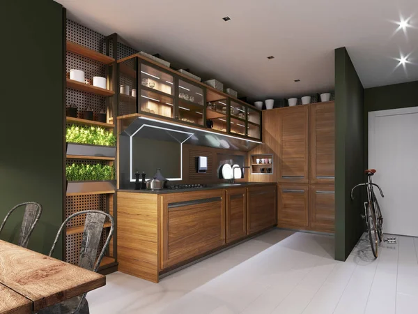 Cucina Stile Hipster Con Pareti Verdi Mobili Legno Chiaro Rendering — Foto Stock