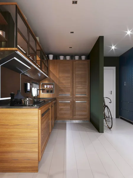 希斯特风格的厨房 有绿色墙壁和轻型木制家具 3D渲染 — 图库照片