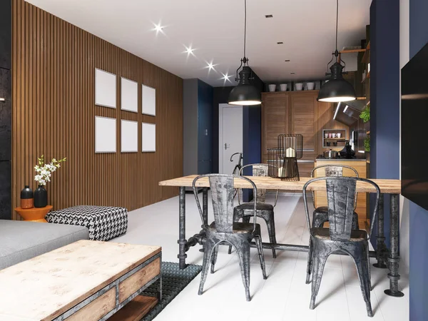 Essbereich Der Küche Mit Tiefblauen Wänden Mit Eisernem Tisch Und — Stockfoto