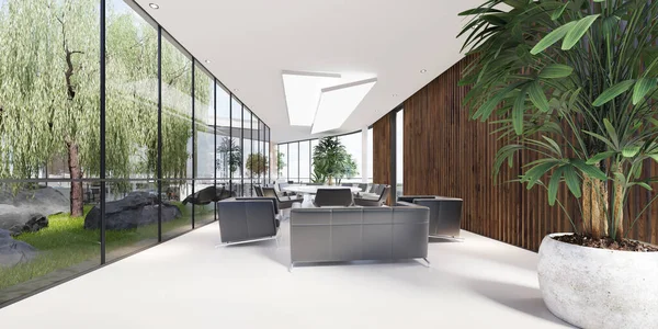 会议室 有一个大的白色桌子和黑色皮革扶手椅在一个绿色的办公室 有大量的植物 玻璃透明办公室 3D渲染 — 图库照片