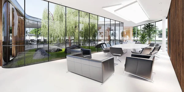 会议室 有一个大的白色桌子和黑色皮革扶手椅在一个绿色的办公室 有大量的植物 玻璃透明办公室 3D渲染 — 图库照片