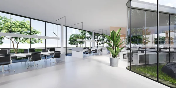 Przestrzeń Biurowa Dużymi Oknami Panoramicznymi Wieloma Roślinami Wokół Wewnątrz Renderowanie — Zdjęcie stockowe