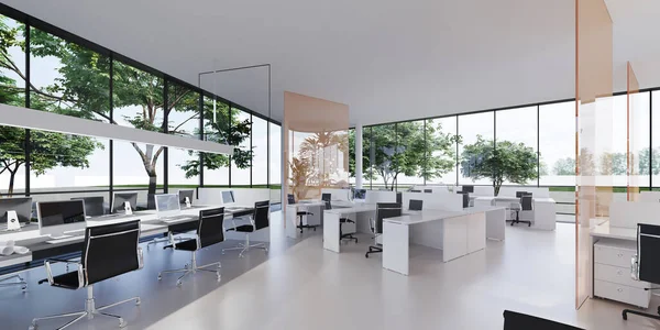 Spacious light and lighted office with work desks and glass partitions between. 3D rendering.