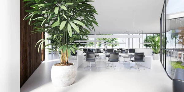 大規模なパノラマウィンドウと内外の多くの植物とオフィススペース 3Dレンダリング — ストック写真