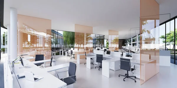 Spacious Light Lighted Office Work Desks Glass Partitions Rendering — Stock Photo, Image
