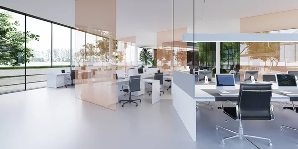 Spacious light and lighted office with work desks and glass partitions between. 3D rendering.