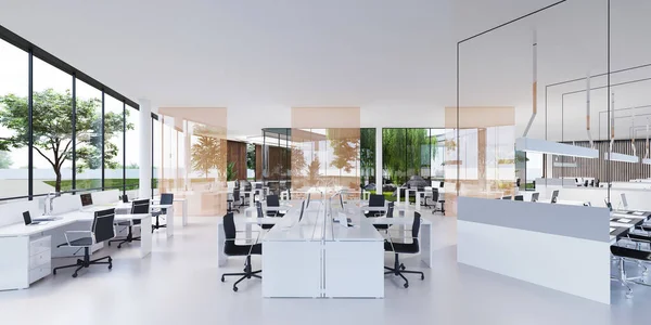 Geräumiges Helles Büro Mit Schreibtischen Und Glaswänden Dazwischen Rendering — Stockfoto