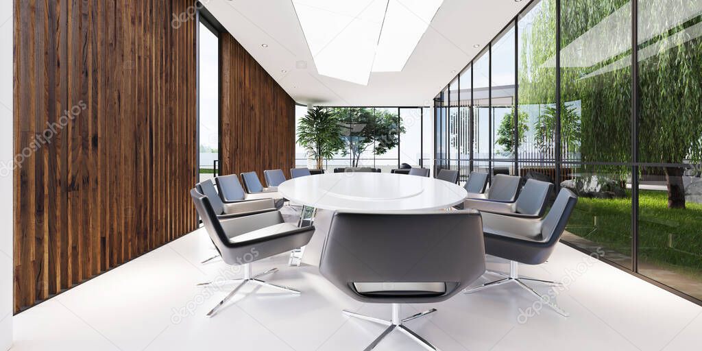 Meeting room with a large white table and black leather armchairs in a green office with plenty of plants. Glass transparent office. 3D rendering.