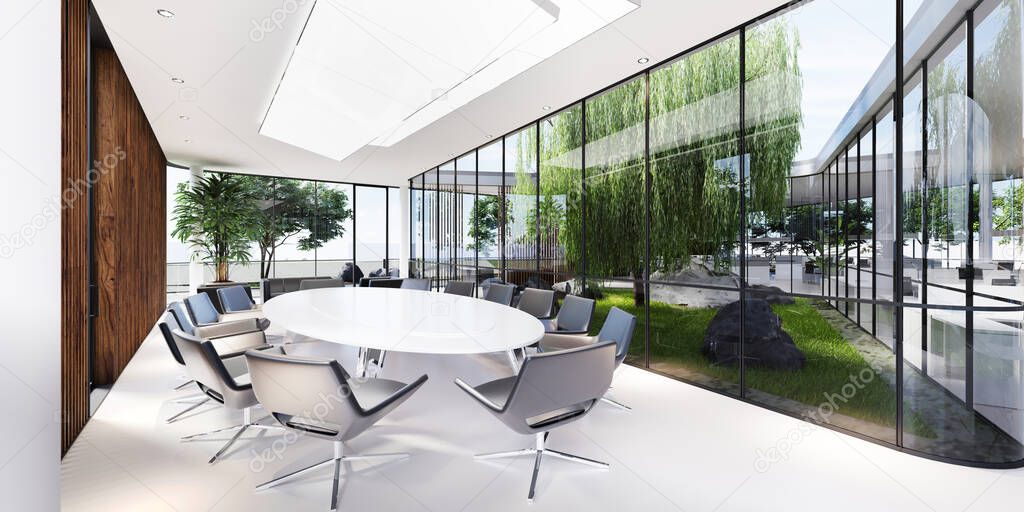 Meeting room with a large white table and black leather armchairs in a green office with plenty of plants. Glass transparent office. 3D rendering.