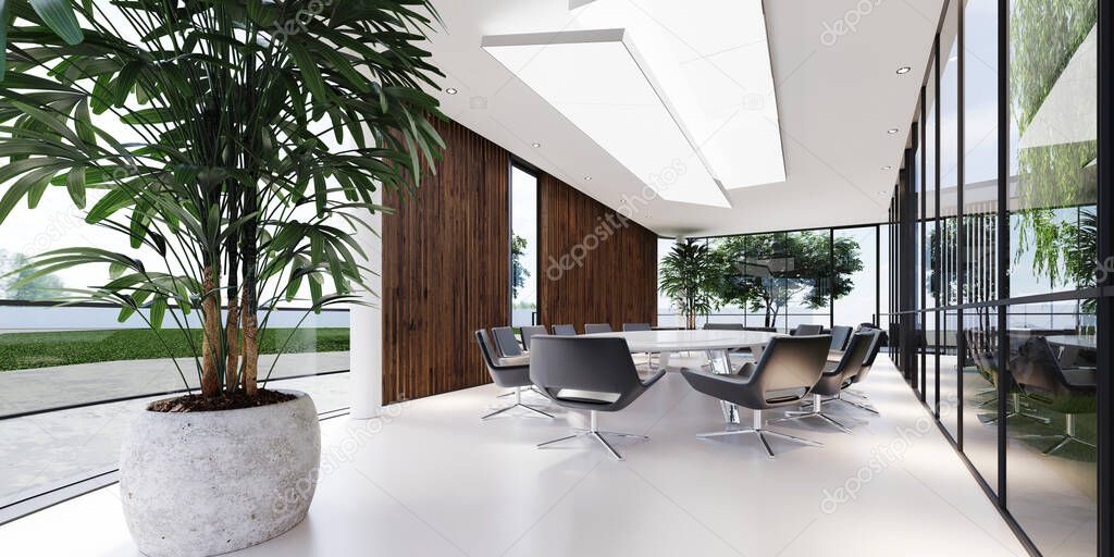 Meeting room with a large white table and black leather armchairs in a green office with plenty of plants. Glass transparent office. 3D rendering.