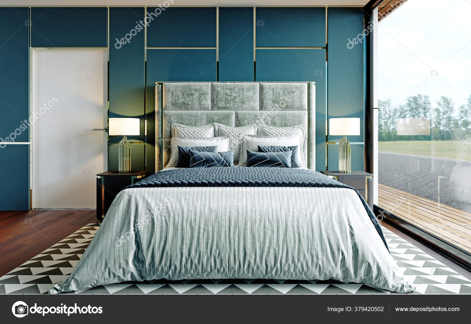 Blue, White And Brown Bedroom