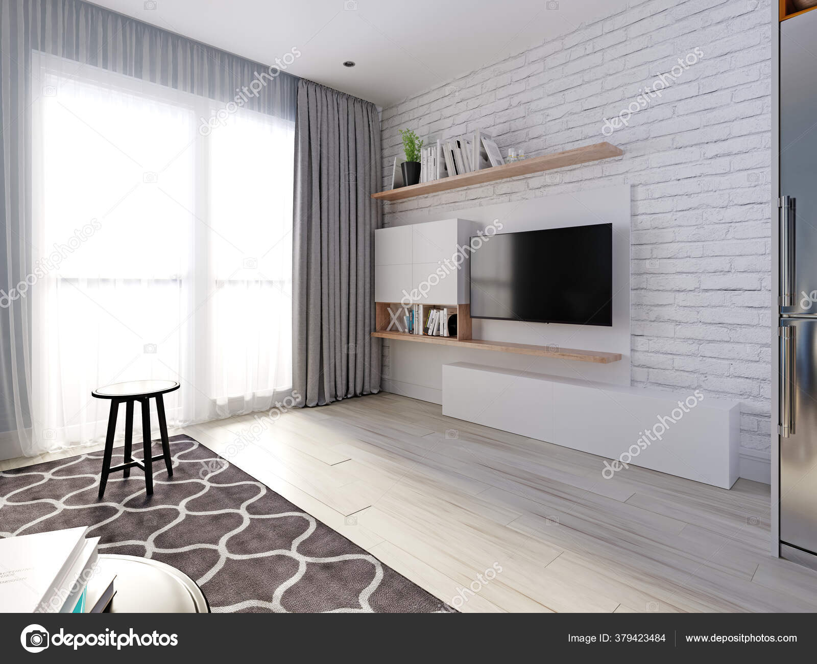 Unit Bookshelves White Decorative Brick Wall Wood Texture Matt