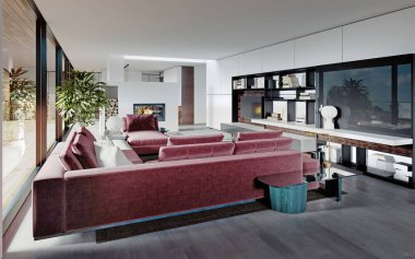 Büyük pembe bir kanepesi ve rafları ve dekorasyonu olan bir TV ünitesi olan oturma odası. Mutfak ve oturma odası olan oturma odası stüdyosu. Büyük panoramik pencereler. 3B görüntüleme.