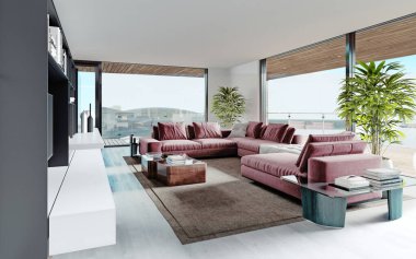 Büyük pembe bir kanepesi ve rafları ve dekorasyonu olan bir TV ünitesi olan oturma odası. Mutfak ve oturma odası olan oturma odası stüdyosu. Büyük panoramik pencereler. 3B görüntüleme.