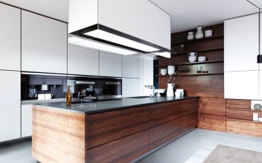 Modern İskandinav tarzında büyük bir mutfak, beyaz ve ahşap mobilya cephesi. Kapüşonlu büyük mutfak adası. 3B görüntüleme.