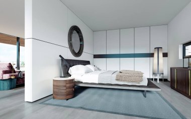 İskandinav tarzı modern tasarımcı yatak odası, gardırop, yuvarlak ayna, yerden tavana panoramik pencere. 3B görüntüleme.