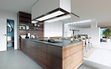 Modern İskandinav tarzında büyük bir mutfak, beyaz ve ahşap mobilya cephesi. Kapüşonlu büyük mutfak adası. 3B görüntüleme.