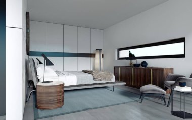 İskandinav tarzı modern tasarımcı yatak odası, gardırop, yuvarlak ayna, yerden tavana panoramik pencere. 3B görüntüleme.