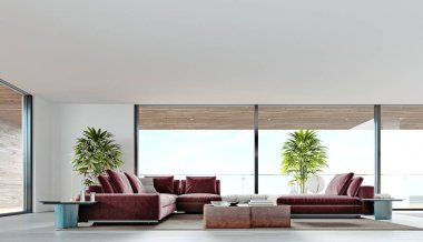 Büyük pembe bir kanepesi ve rafları ve dekorasyonu olan bir TV ünitesi olan oturma odası. Mutfak ve oturma odası olan oturma odası stüdyosu. Büyük panoramik pencereler. 3B görüntüleme.