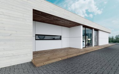 Modern tarzda bir konut binasının modern cephesinin bir parçası. 3B görüntüleme.