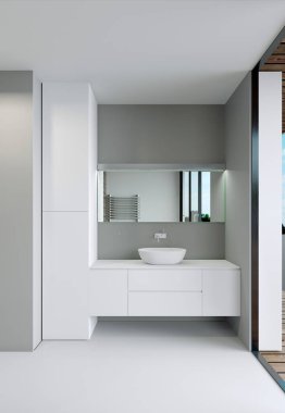 Modern İskandinav tarzı banyo. Geniş panoramik pencereli ve terasa erişimi olan banyo. 3B görüntüleme