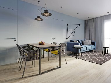 Mutfağı, yemek odası ve kanepeli oturma odası olan küçük bir stüdyo daire. İçi mavi ve beyaz renklerle ve ahşap elementlerle. 3B görüntüleme.