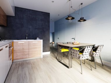 Dekorlu yemek masası ve dört özel yapım hasır sandalye. İskandinav iç tasarımı, İskandinav tarzı. 3B görüntüleme.