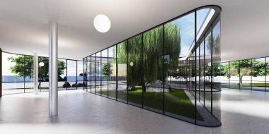 Camın arkasında bir sürü yeşillik olan geniş, parlak uzaysal odalar. Kamu binası ofis, galeri, sergi. 3B görüntüleme.