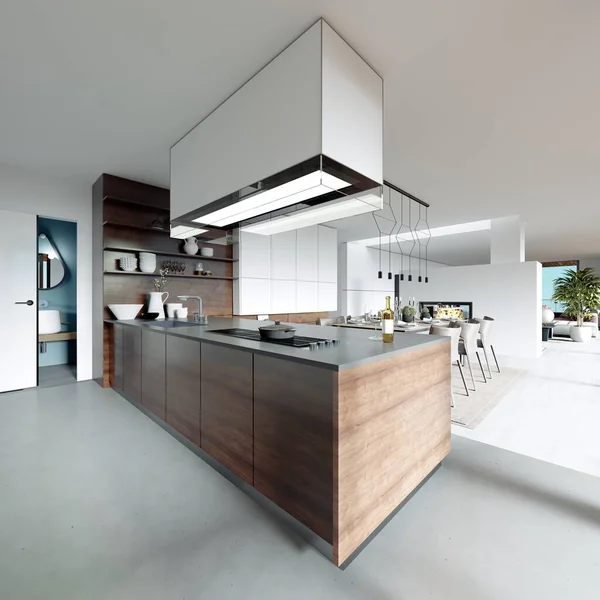 Große Küche Modernen Skandinavischen Stil Fassade Aus Weißen Und Hölzernen — Stockfoto