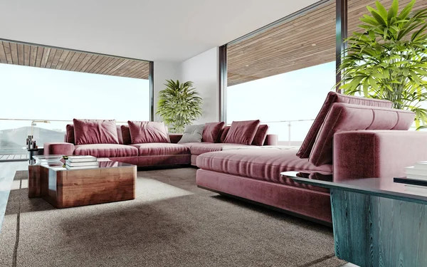 Living room with a large pink sofa and a TV unit with shelves and decor. Living room studio with kitchen and living area. Large panoramic windows. 3D rendering.