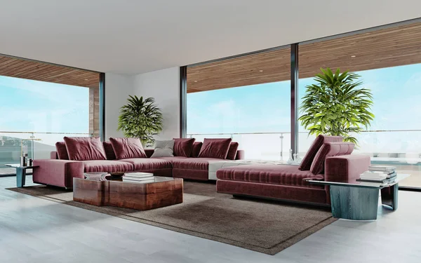 Wohnzimmer Mit Einem Großen Rosa Sofa Und Einem Fernseher Mit — Stockfoto