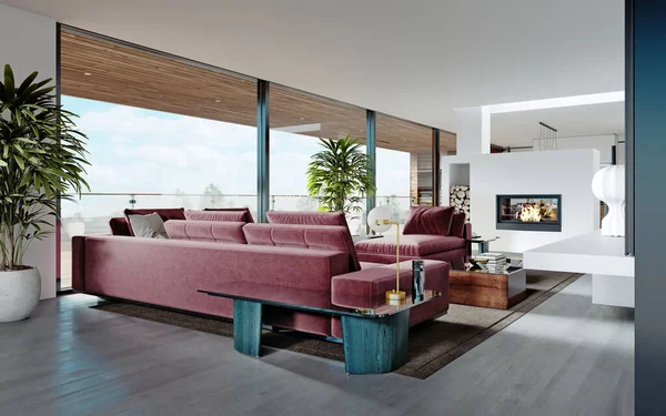 Living room with a large pink sofa and a TV unit with shelves and decor. Living room studio with kitchen and living area. Large panoramic windows. 3D rendering.