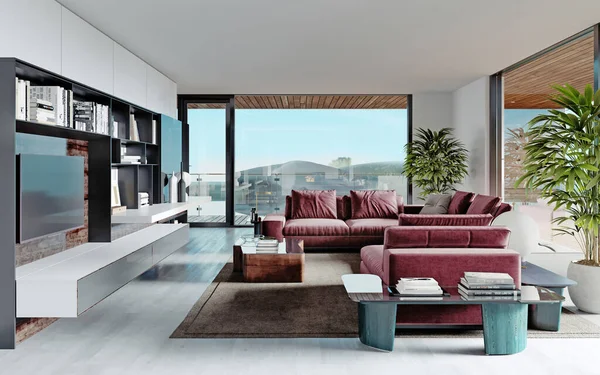 Wohnzimmer Mit Einem Großen Rosa Sofa Und Einem Fernseher Mit — Stockfoto