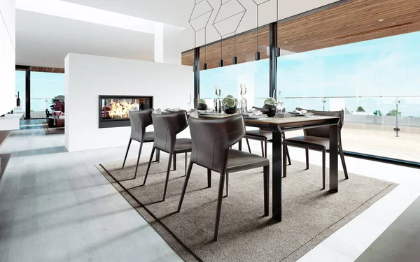 Design dining table set in the kitchen. Contemporary style. 3D rendering