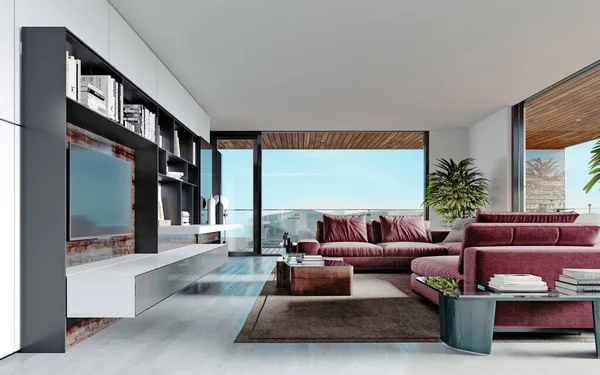 Living room with a large pink sofa and a TV unit with shelves and decor. Living room studio with kitchen and living area. Large panoramic windows. 3D rendering.