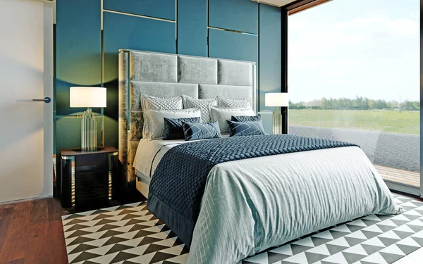 Sypialnia Designerska Kolorze Niebiesko Białym Brązowym Parkietem Dużym Oknem Panoramicznym — Zdjęcie stockowe
