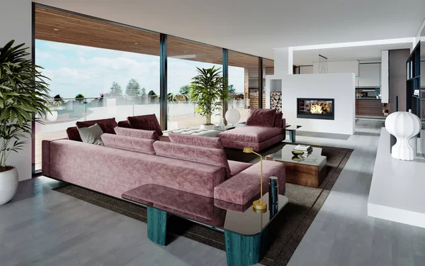 Living room with a large pink sofa and a TV unit with shelves and decor. Living room studio with kitchen and living area. Large panoramic windows. 3D rendering.