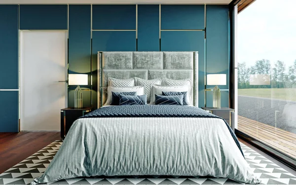 Chambre Design Bleu Blanc Avec Parquet Marron Une Grande Fenêtre — Photo